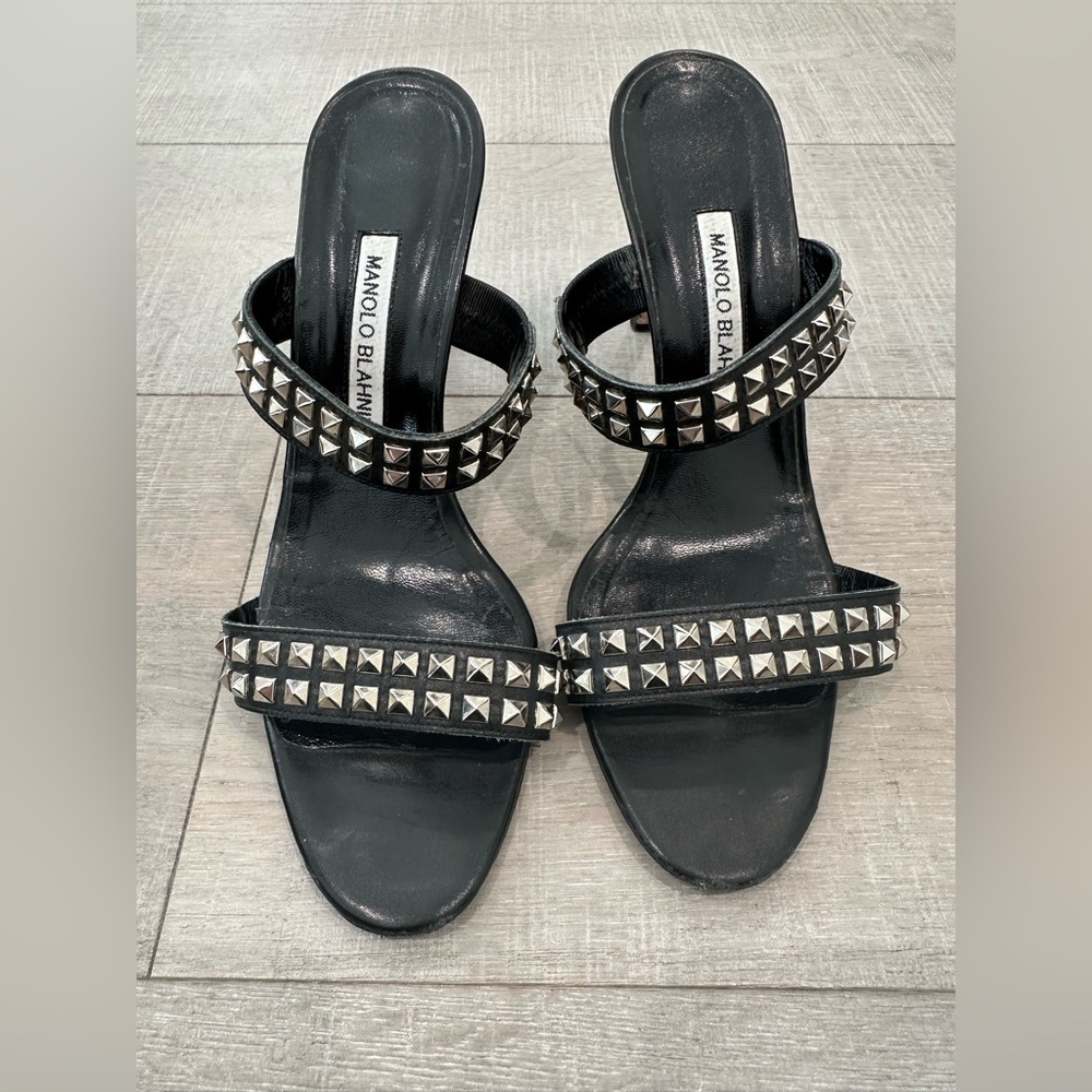 Manolo Blahnik Black Leather Harley
Studded Sandal Heel Pumps